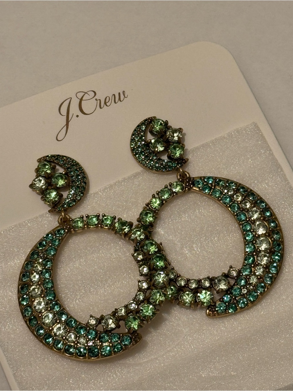 J.Crew Celestial Crescent Moon Drop Earrings Light Pistachio Crystal NWT